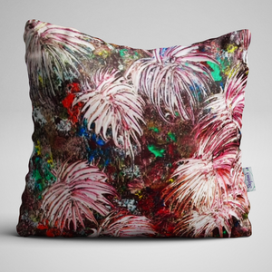 Firework frenzy of Dahlias on luxury velvet cushion