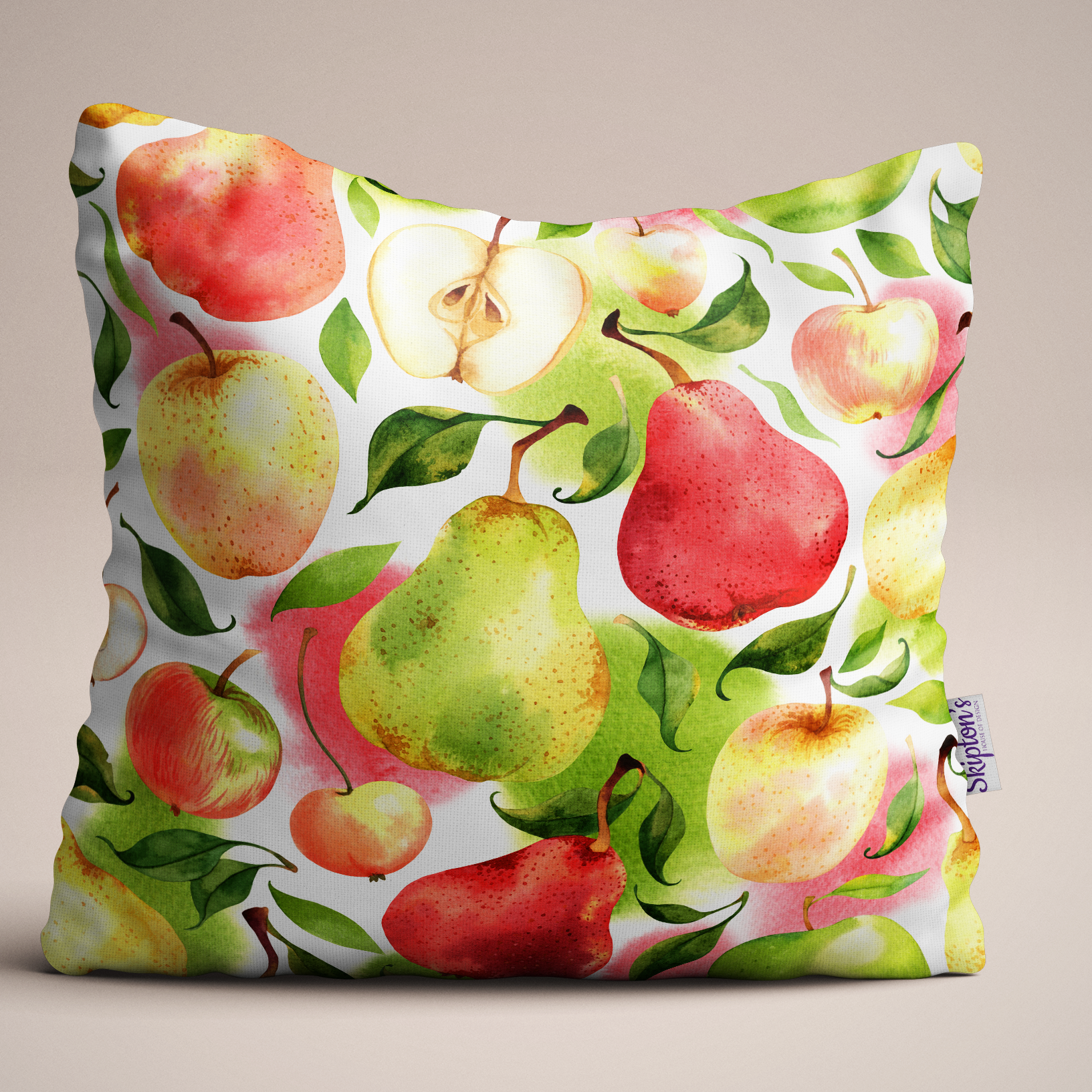 Apple and Pears design luxury linen cushion