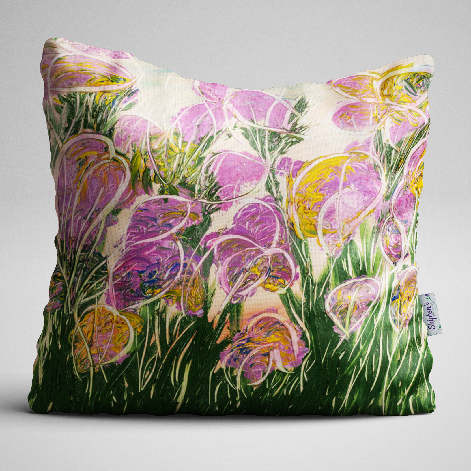 Bright Iris design on luxury velvet cushion