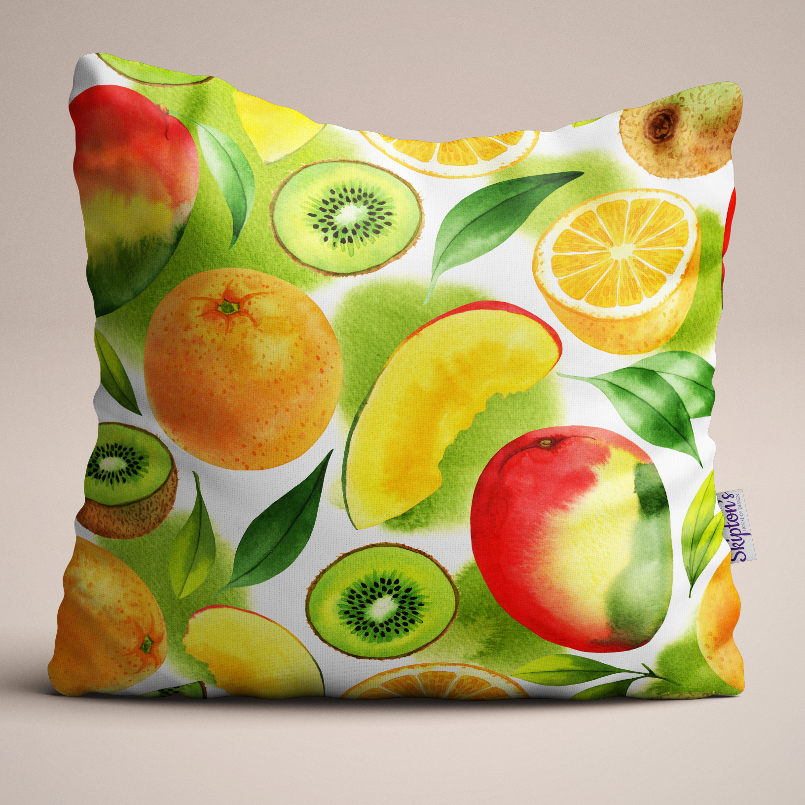 Mango and Kiwi Luxury Linen Cushion design