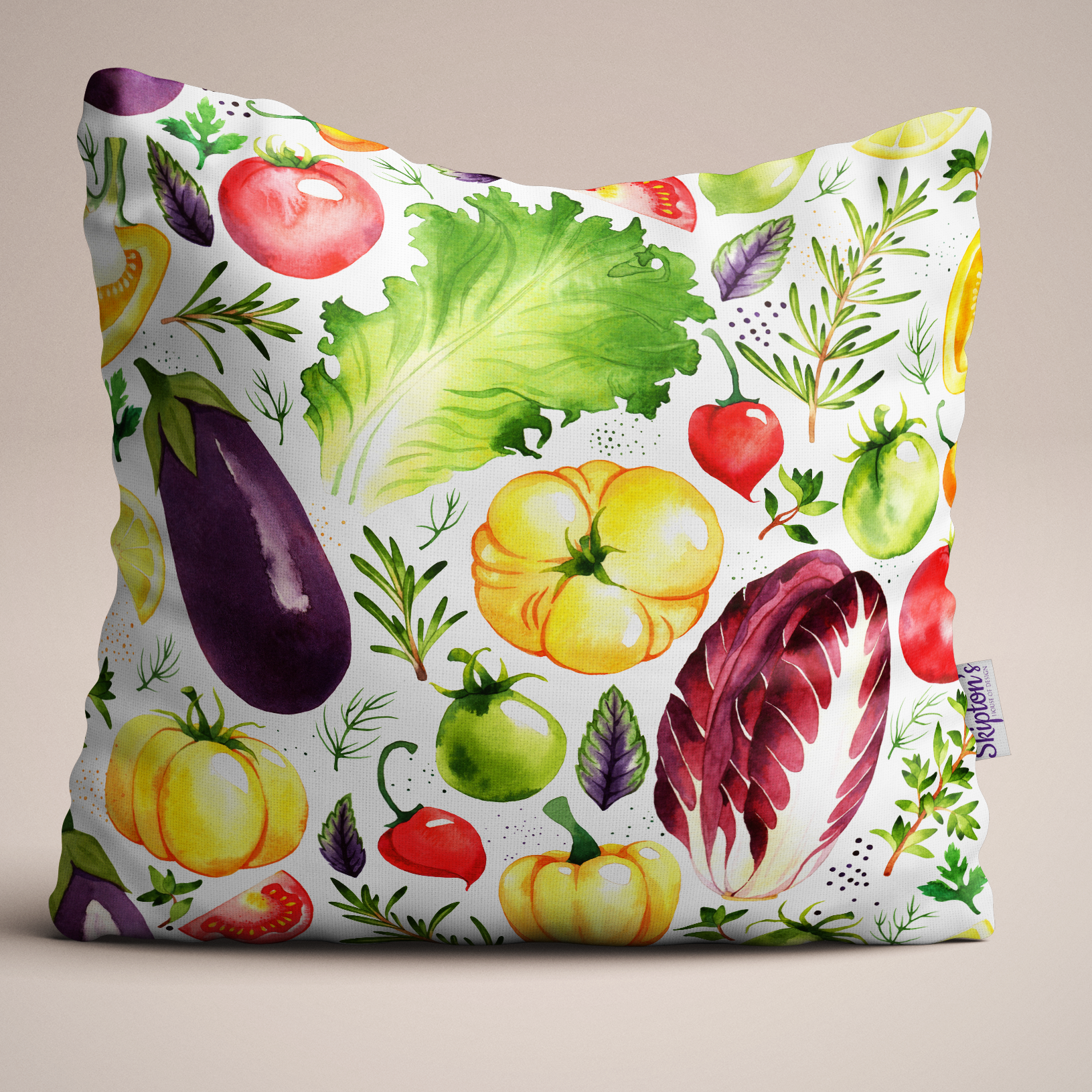 Raddichio and Aubergine Luxury Linen Cushion design